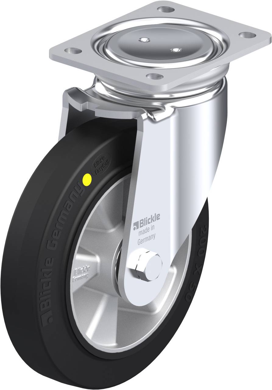 Ein silbernes Schwerlast-Lenkrolle mit schwarzem Gummirad und einem Drehgelenk oben. 'Blickle Germany' ist auf dem Rad eingeprägt.
