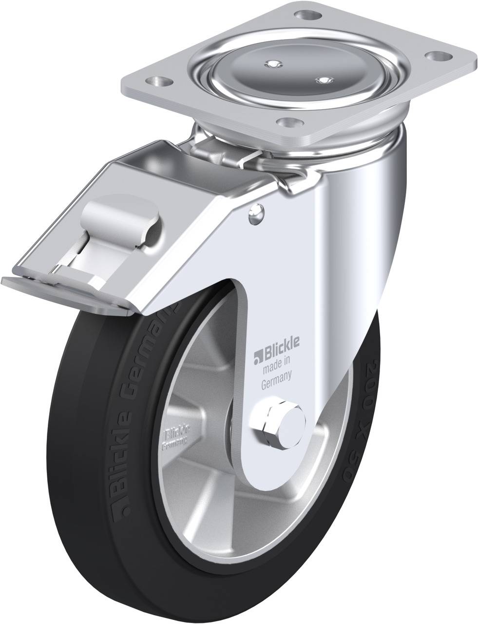 Drehbare Rolle mit schwarzem Rad und silbernem Gehäuse, seitlich graviert mit 'Blickle made in Germany, 200x50'.