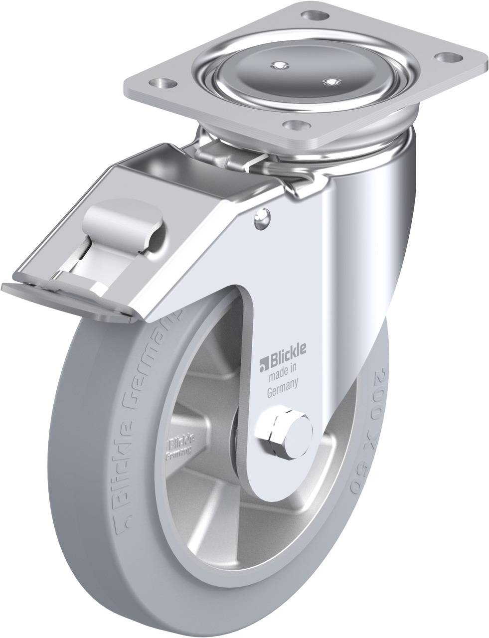 Schwenkrolle mit Bremse, robustes Gehäuse aus Metall, graues Rad aus Kunststoff, geeignet für industrielle Anwendungen.