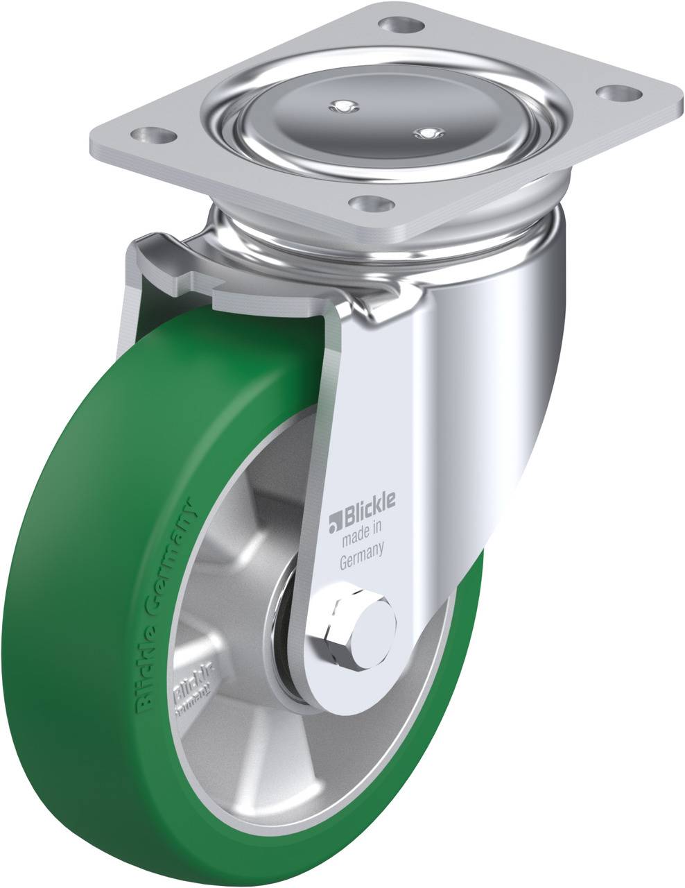 Metallrolle mit grünem Rad und einem Befestigungsplatten-Mechanismus, geeignet für industrielle Anwendungen. Markenaufdruck sichtbar.