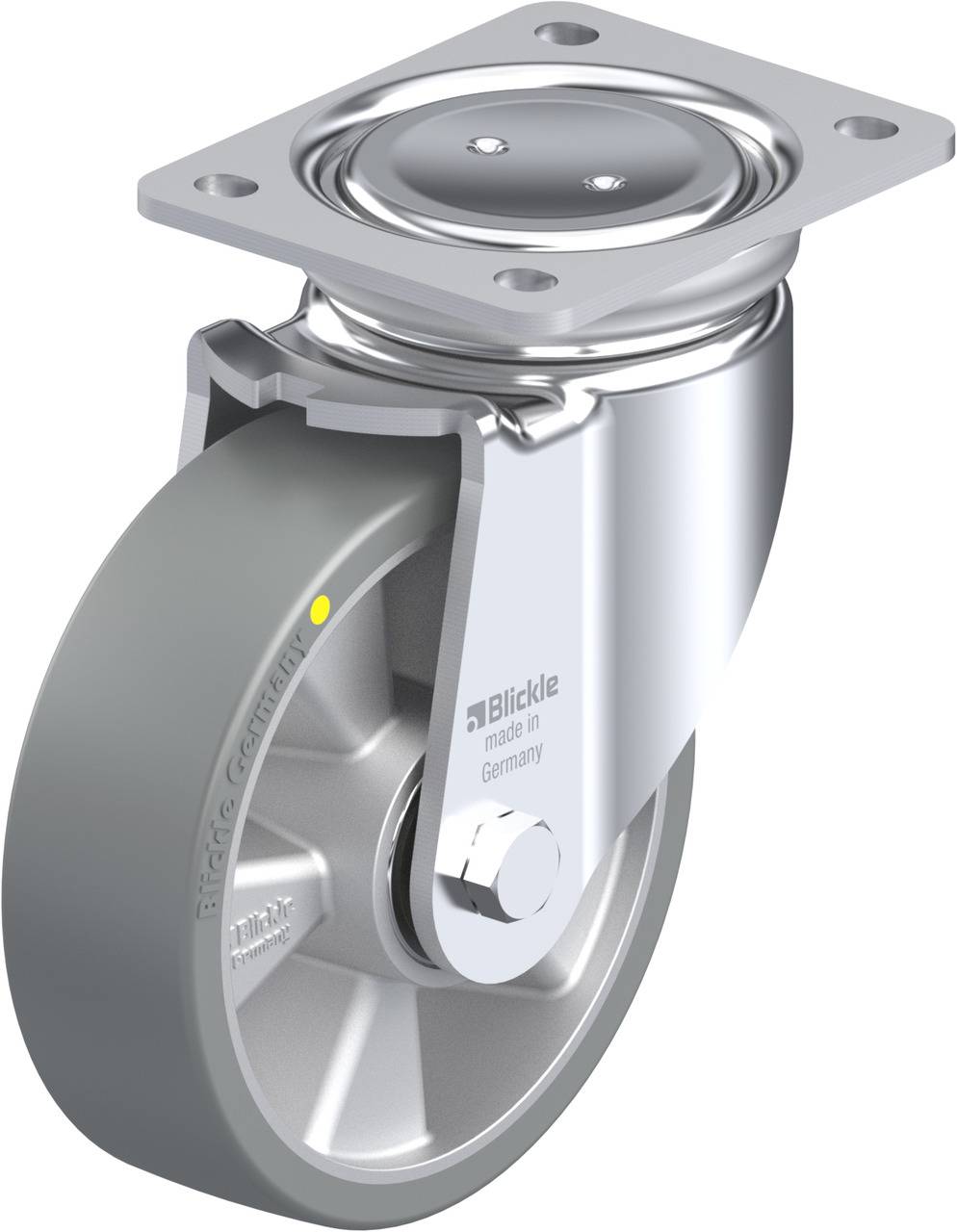 Schwenkrolle mit Befestigungsplatte aus Metall und grauem Rad, Beschriftung 'Blickle made in Germany'.