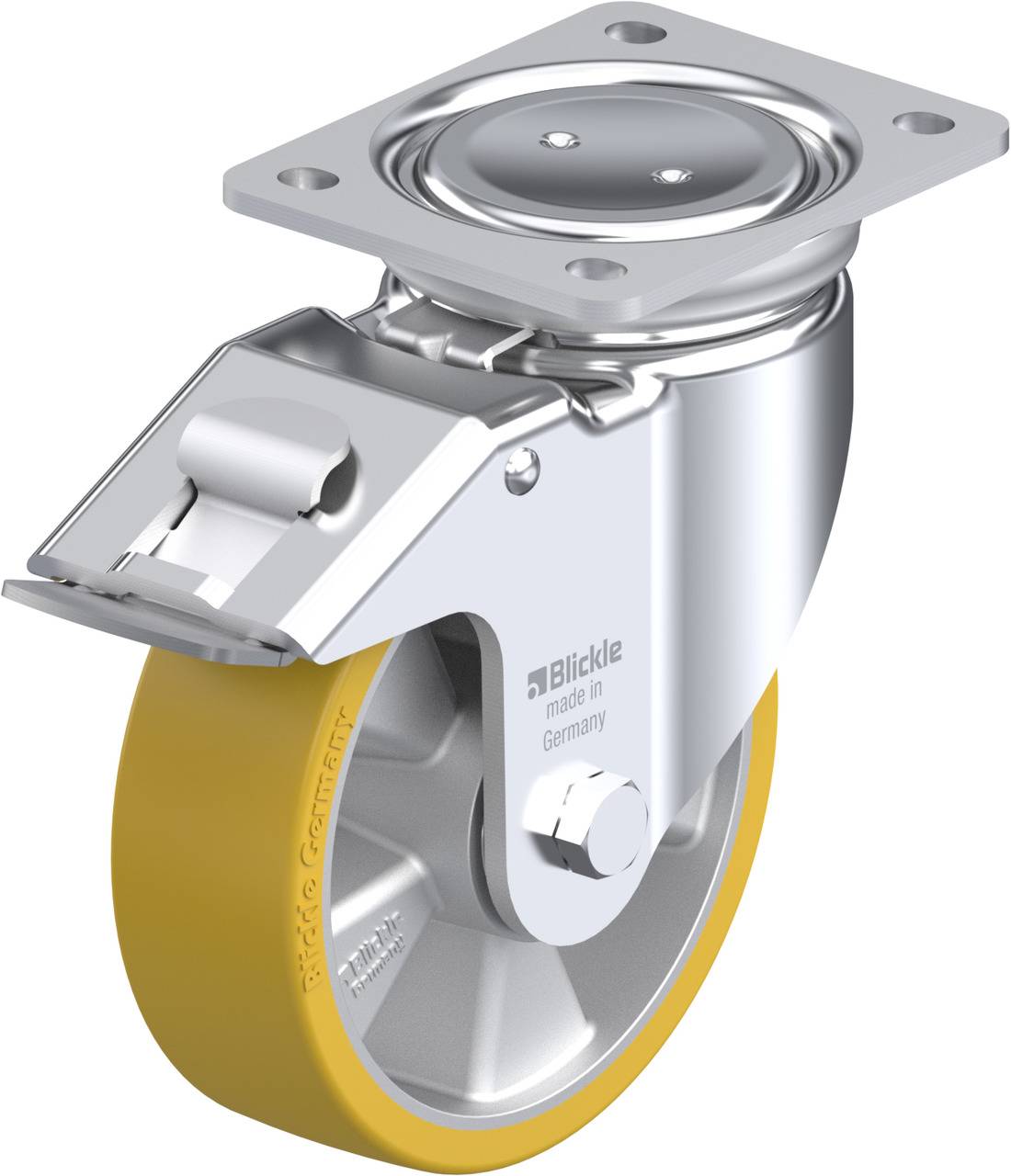 Schwenkrolle mit gelbem Rad und Metallgehäuse, ausgestattet mit einer Feststellbremse.