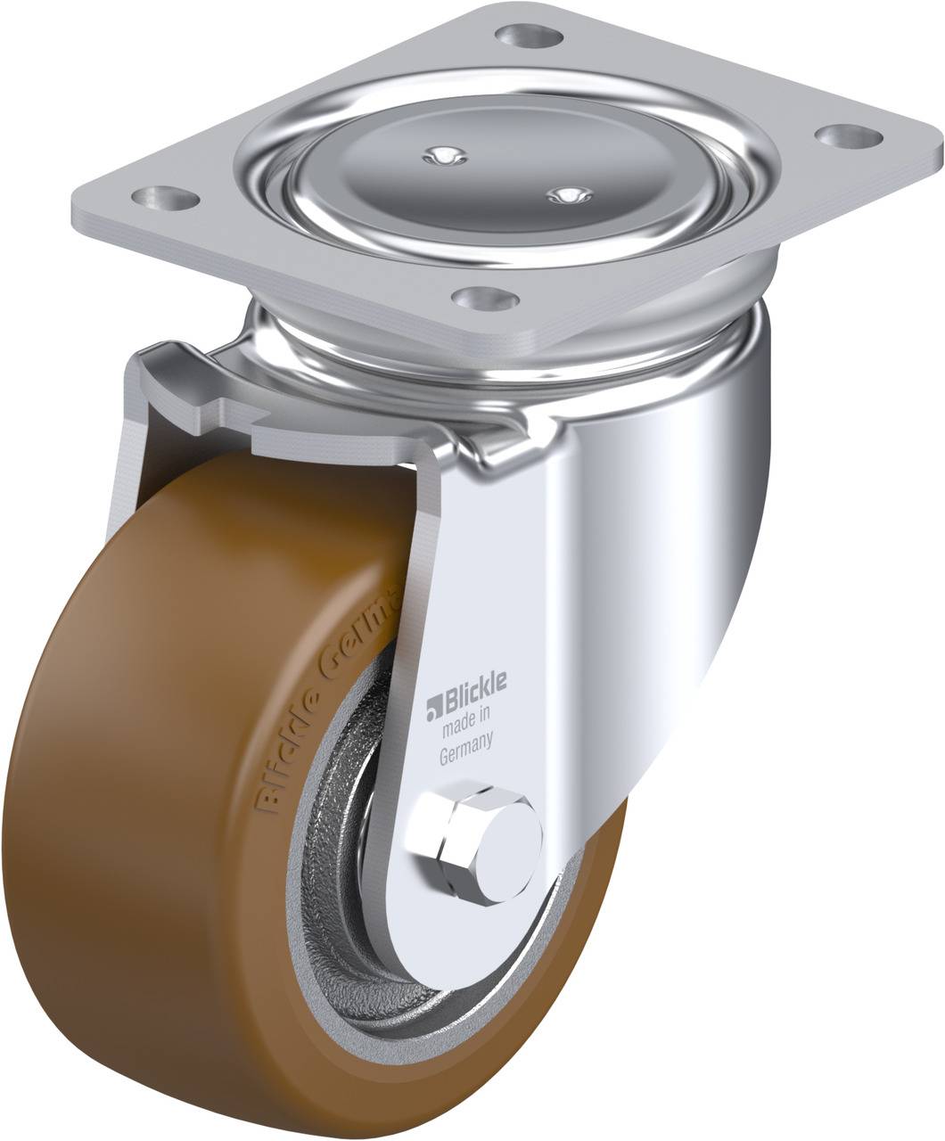 Lenkrolle aus Metall mit braunem Rad, geeignet für Möbel oder Geräte, mit 'Blickle'-Markenaufdruck.