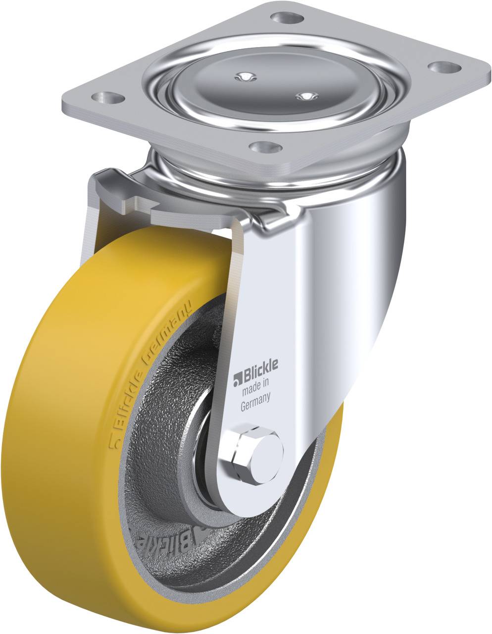 Industrie-Lenkrolle aus Metall mit gelbem Rad, geeignet für schwere Lasten. Überkopfansicht zeigt Befestigungsplatte und Drehgelenk.