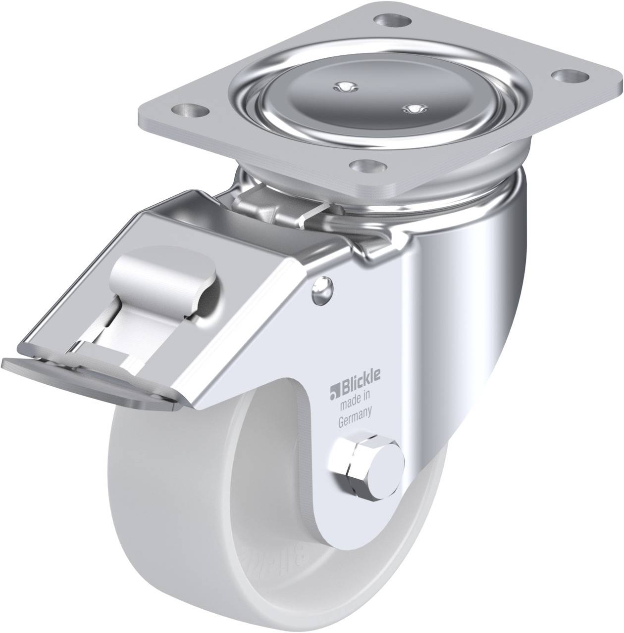 Industrie-Lenkrolle mit feststellbarem Gehäuse und weißem Rad, geeignet für schwere Lasten; Gehäusedesign von Blickle.