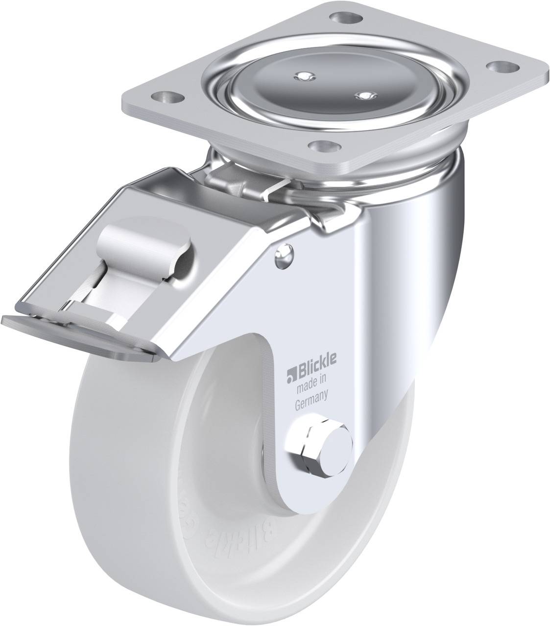 Metalllenkrolle mit grauem Rad aus Kunststoff. Silberne Halterung; Hersteller-Gravur 'Blickle made in Germany'.