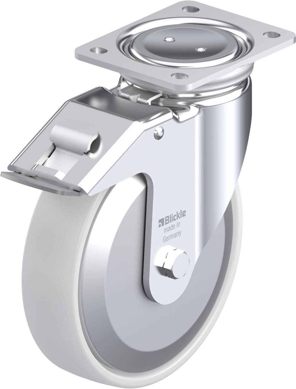 Schwenkrolle mit Metallhalterung und Bremse, glänzende Oberfläche; Aufdruck 'Blickle Made in Germany'; für Transportgeräte.