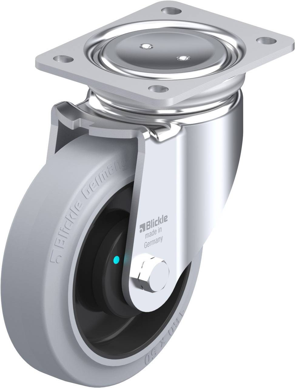 Ein silbernes Rad mit grauem Gummireifen und Befestigungsplatte, geeignet für Möbel oder Transportgeräte, drehbar in alle Richtungen.