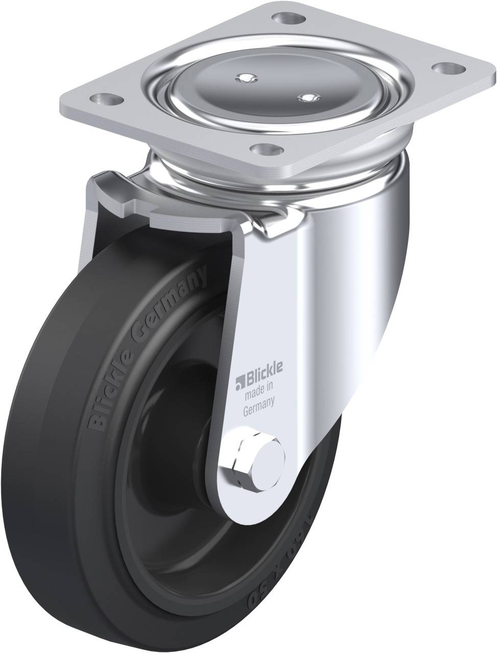 Schwenkrolle aus Metall mit schwarzem Rad, montiert auf einer rechteckigen Platte. Geeignet für Möbel oder Gerätebewegung.