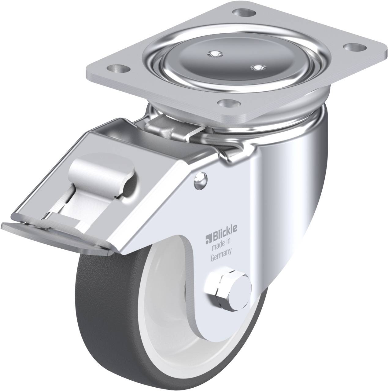 Schwenkrolle mit feststellbarer Bremse und flacher Montageplatte, silber und grau, für Möbel oder Geräte in Innenräumen.