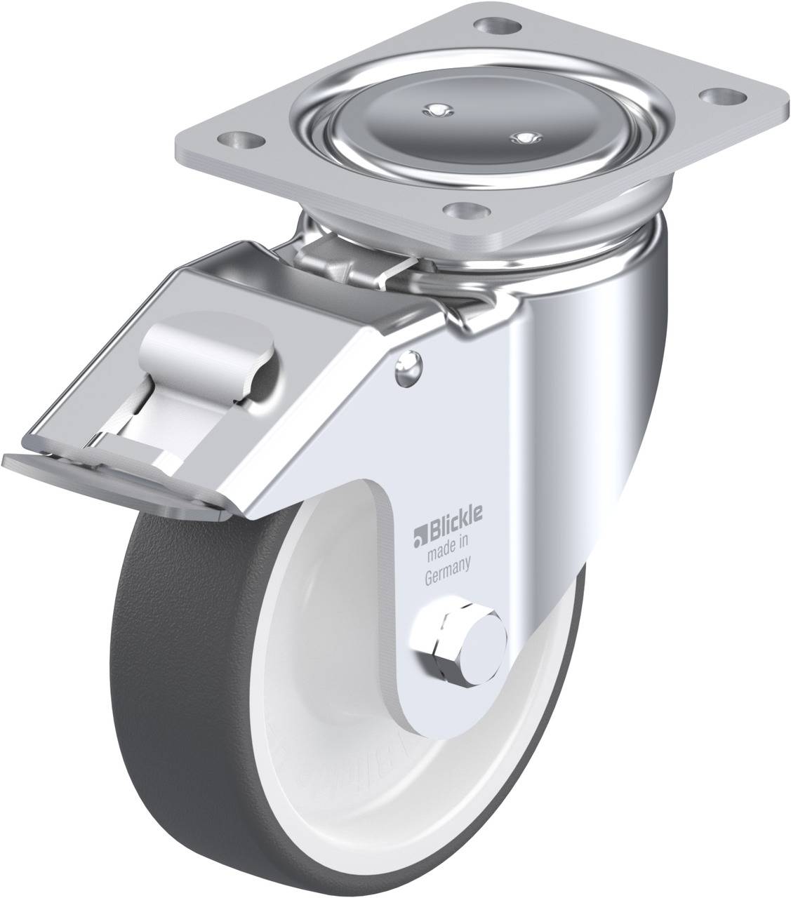 Eine einzelne drehbare Lenkrolle mit Befestigungsplatte und Bremse, geeignet für Möbel oder Geräte. Sie ist aus Metall und Kunststoff.