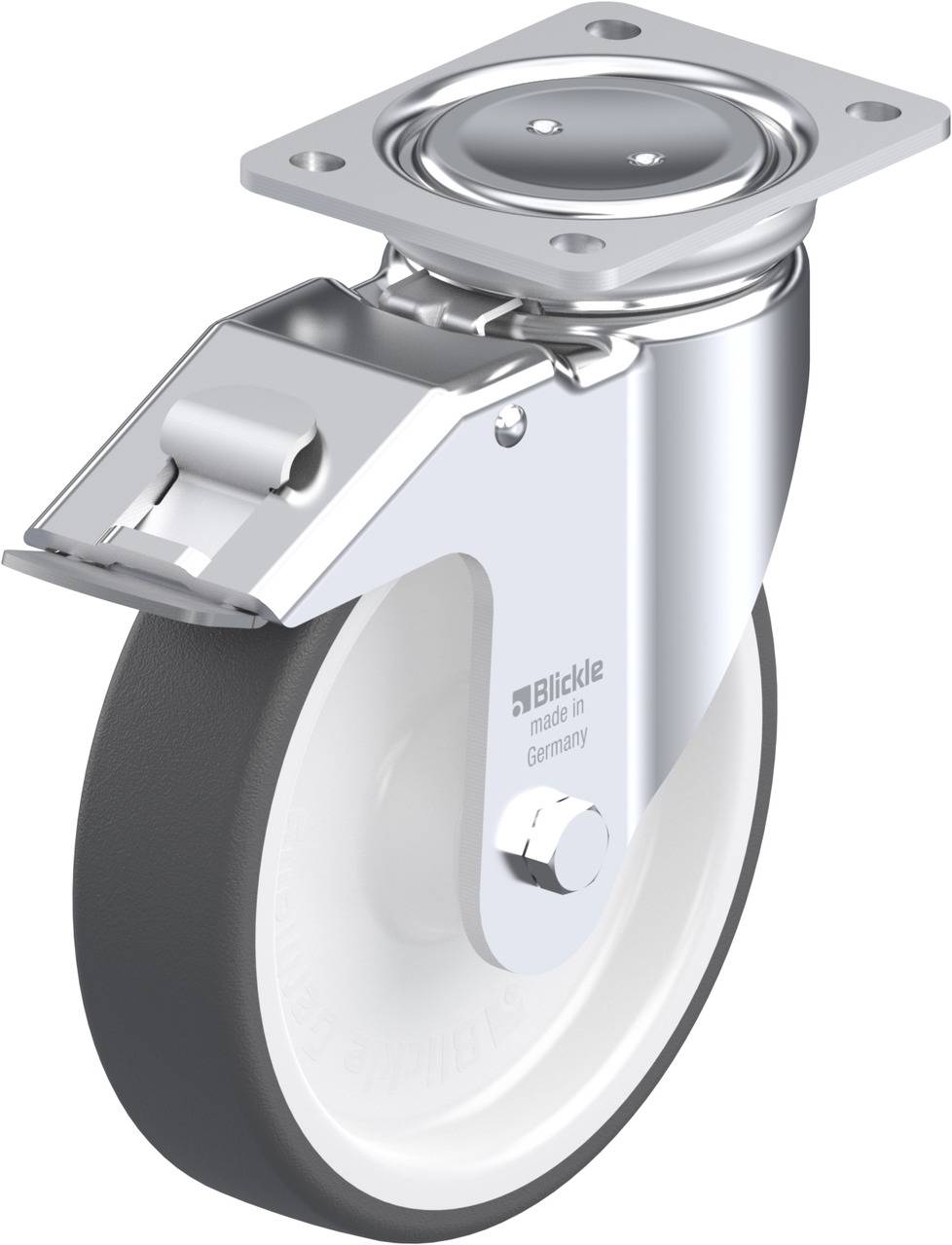 Schwenkrolle mit weißem Rad und Metallaufhängung, markiert mit 'Blickle made in Germany', auf hellem Hintergrund.