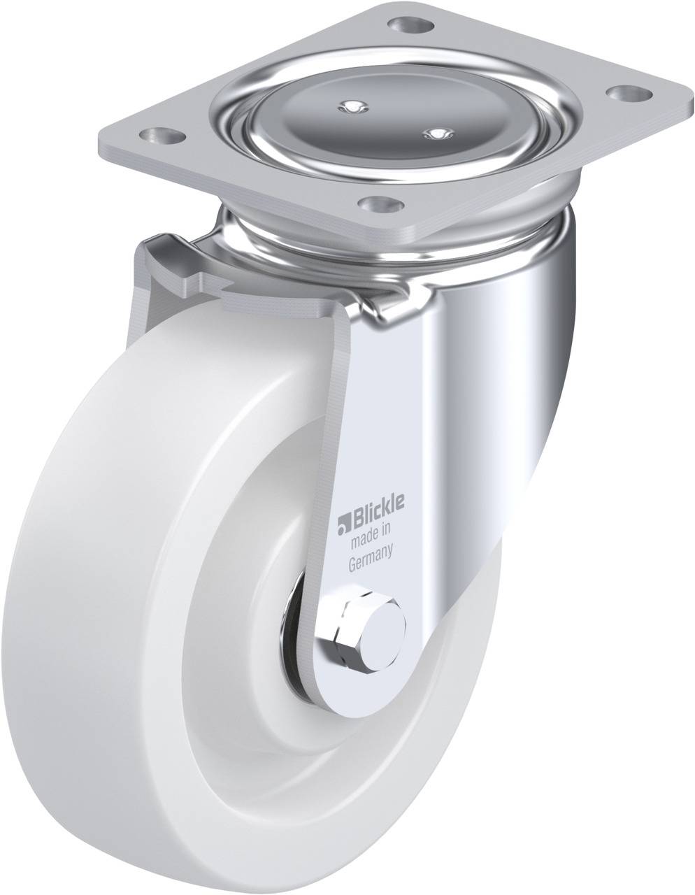 Rollenführung mit Metallgehäuse und weißem Rad, geeignet für Möbel oder industrielle Anwendungen. Aufschrift: 'Blickle made in Germany'.