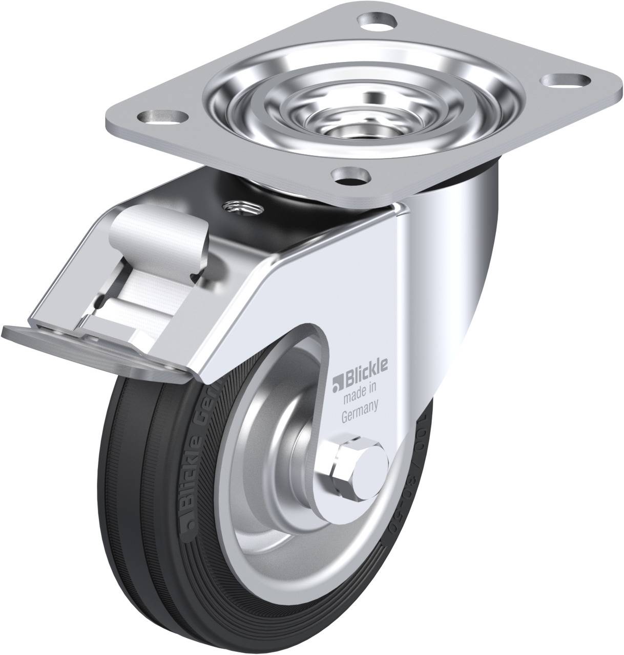 Schwenkrolle aus Metall mit Bremse, schwarze Gummireifen, quadratische Montageplatte, Aufschrift 'made in Germany'.