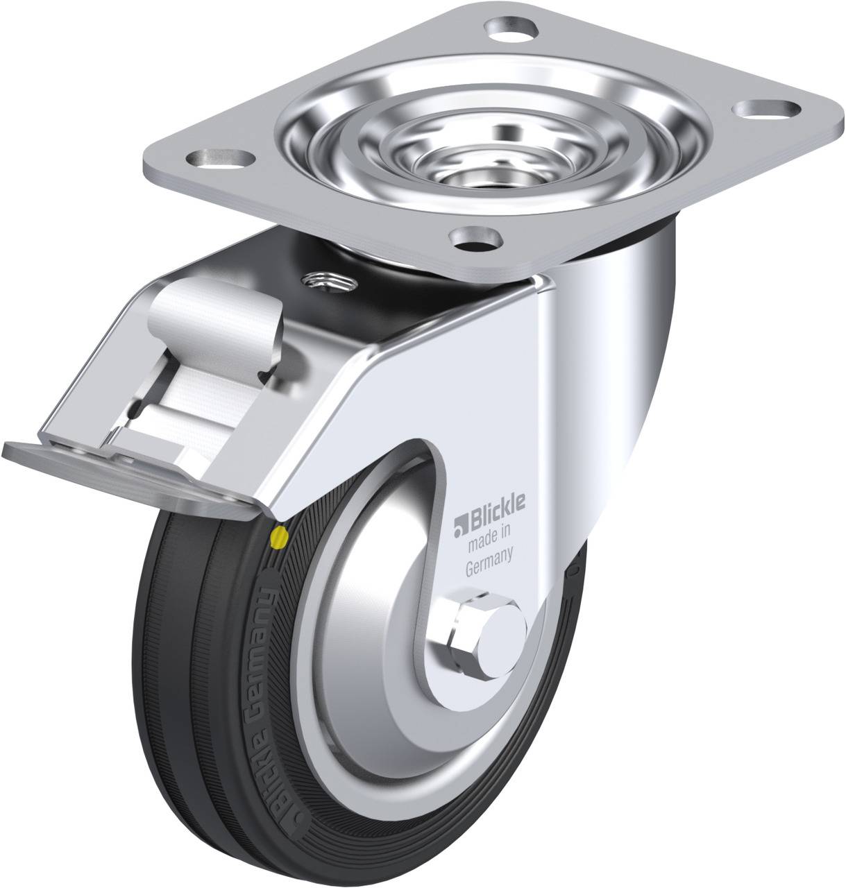Ein glänzendes, schwenkbares Rollrad aus Metall mit schwarzem Kunststoffrad und Befestigungsplatte, geeignet für industrielle Anwendungen.