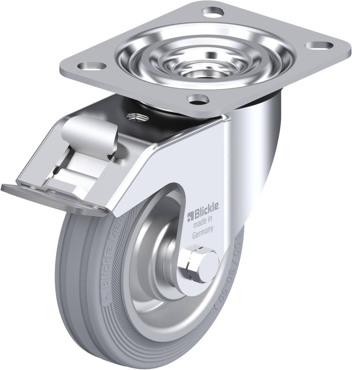 Schwenkrolle aus Metall mit grauem Rad und Befestigungsplatte, geeignet für industrielle Anwendungen.