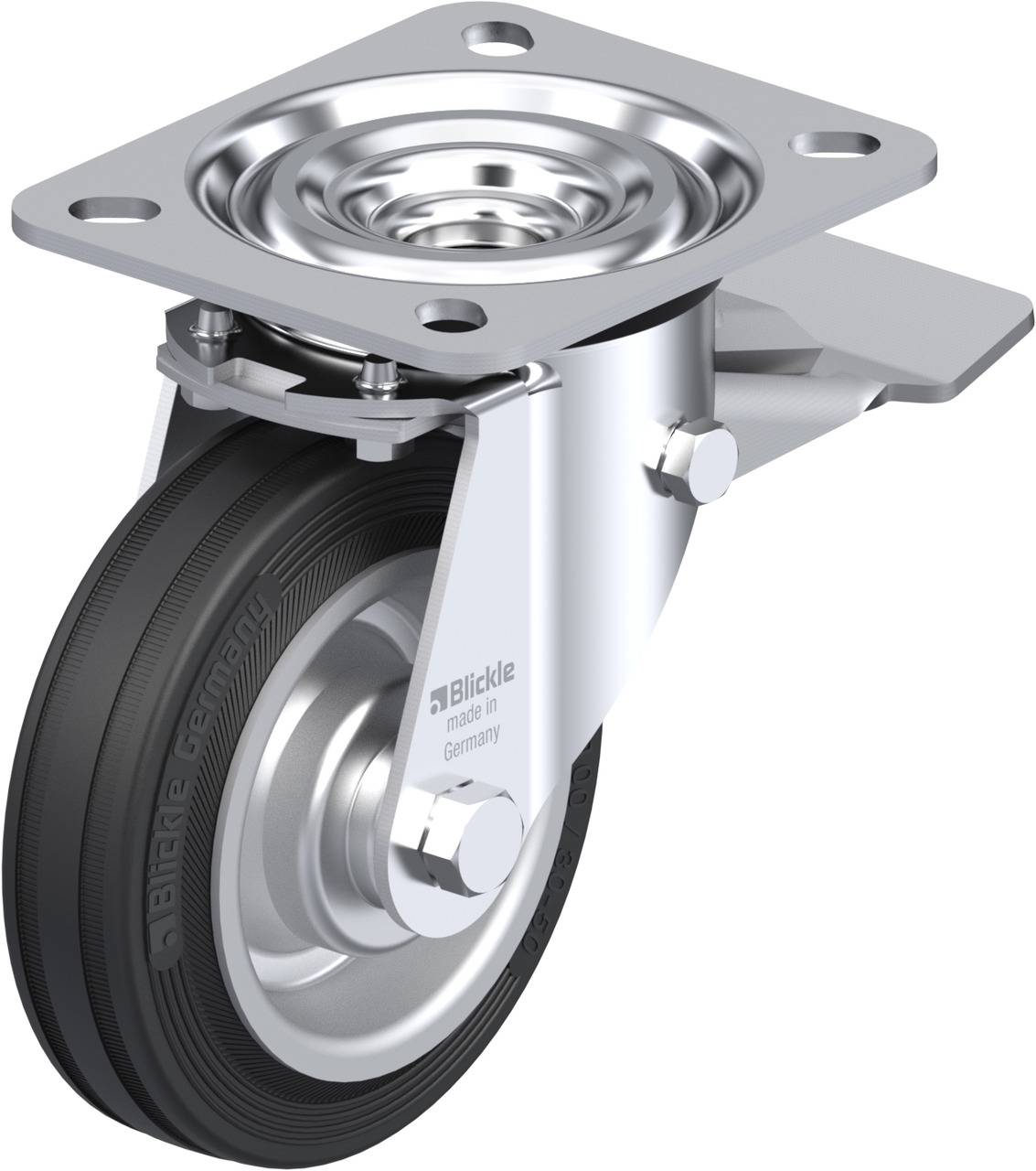 Schwenkrolle aus Metall mit schwarzem Gummireifen und Befestigungsplatte, geeignet für verschiedene Transportanwendungen.