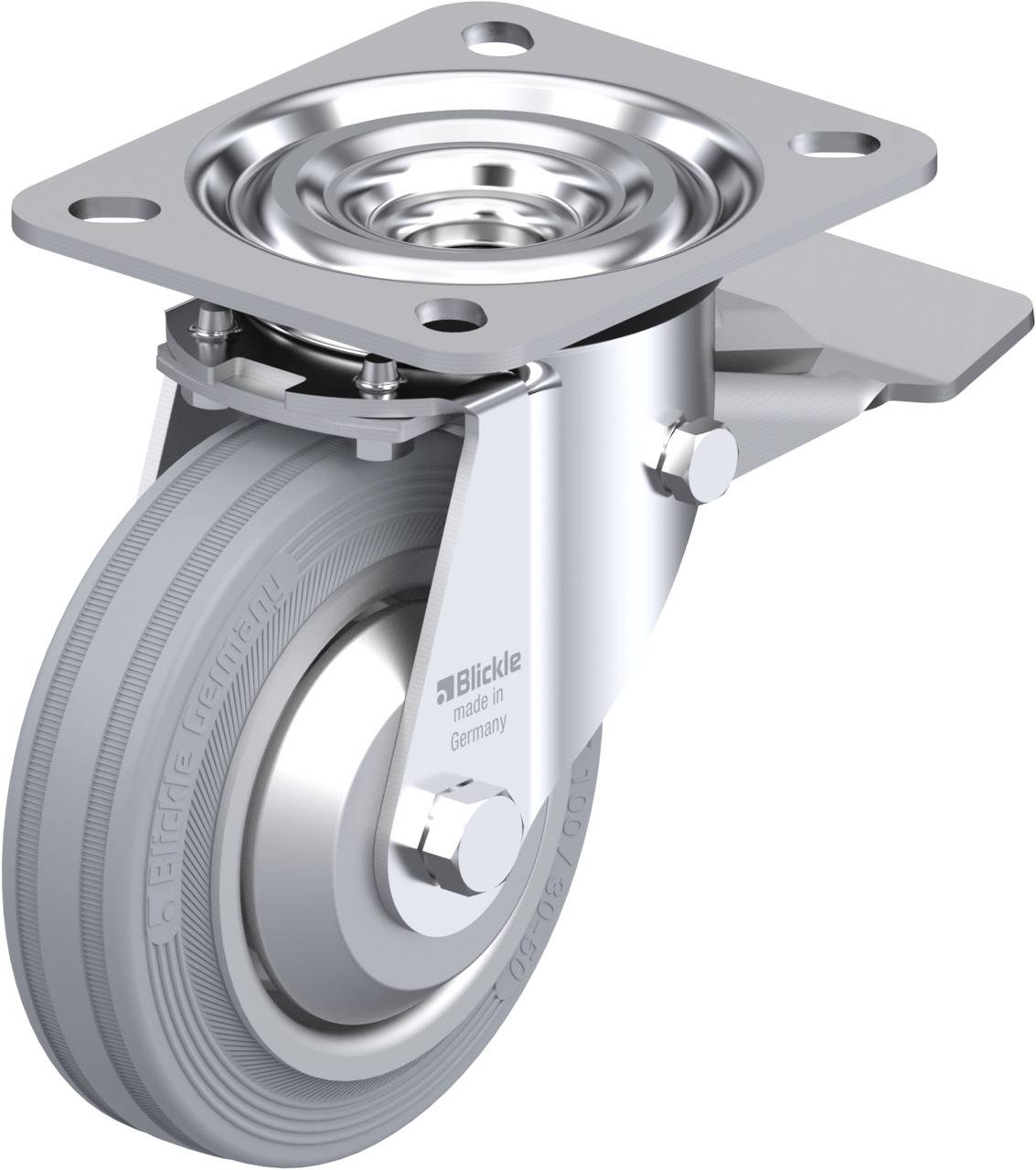 Rollenrad aus Metall und Gummi mit Befestigungsplatte, gedreht zur Montage.