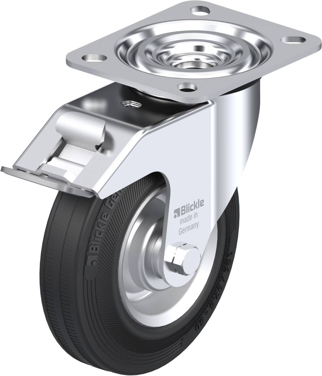 Ein Bockrolle aus Metall mit schwarzem Rad, geeignet für schwere Lasten. 'Made in Germany' ist auf der Seite zu sehen.