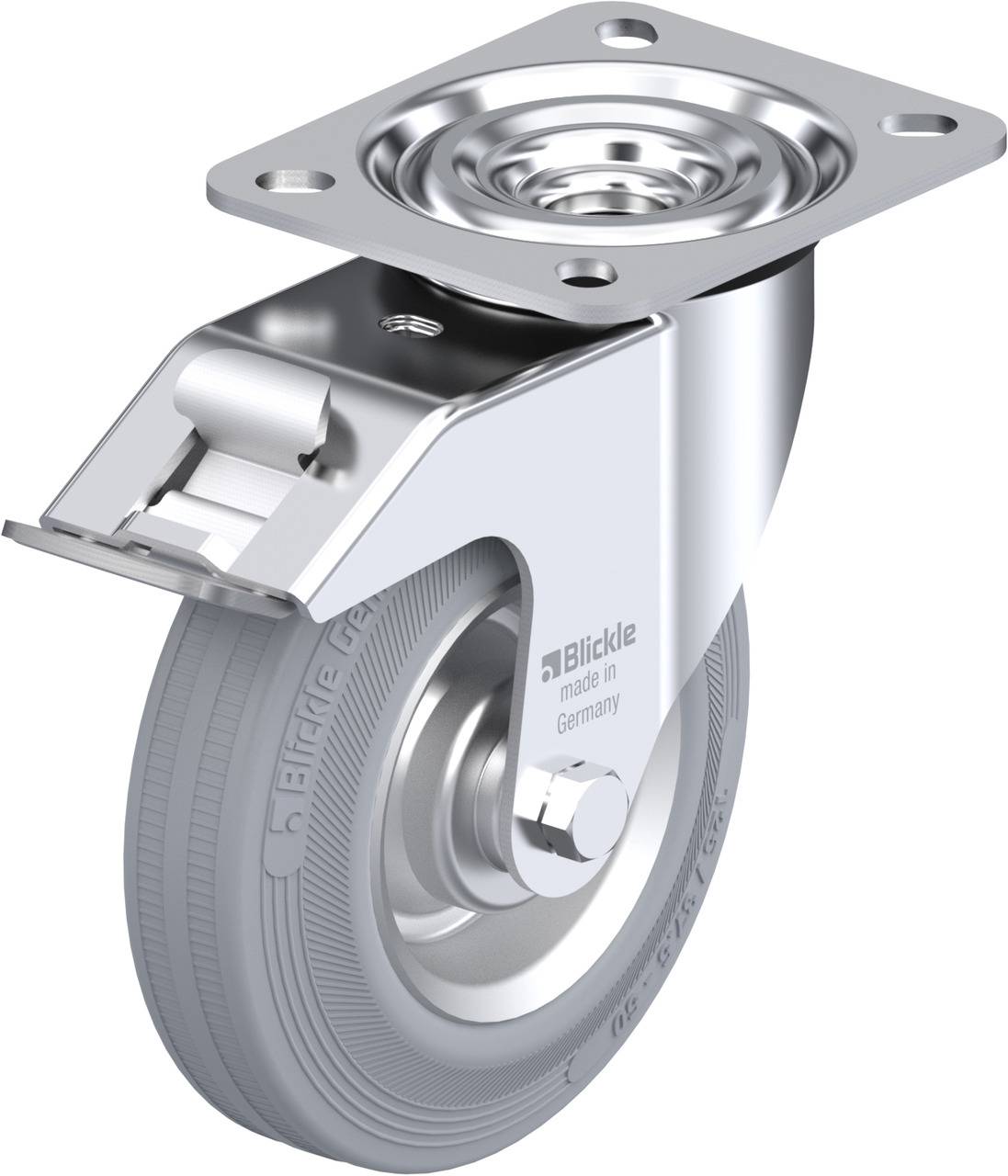 Industrie-Rollenrad aus Metall und Gummi. Feststellmechanismus oben. Gravur 'Blickle made in Germany' auf der Seite.