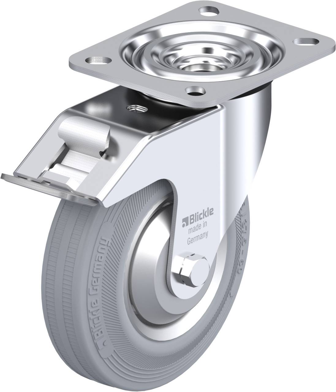 Schwenkrolle aus Metall mit grauem Gummirad und Befestigungsplatte. Auf der Seite steht 'Blickle, made in Germany'.
