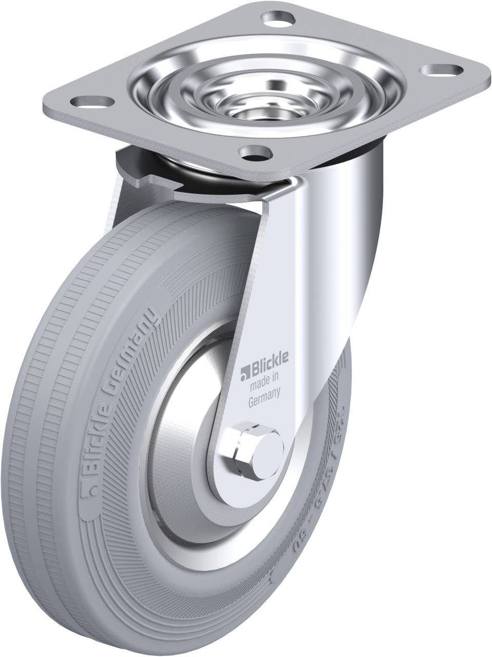 Metallisches Schwerlast-Rollenrad mit rechteckiger Befestigungsplatte und gedrucktem Herstellerlogo 'Blickle'.