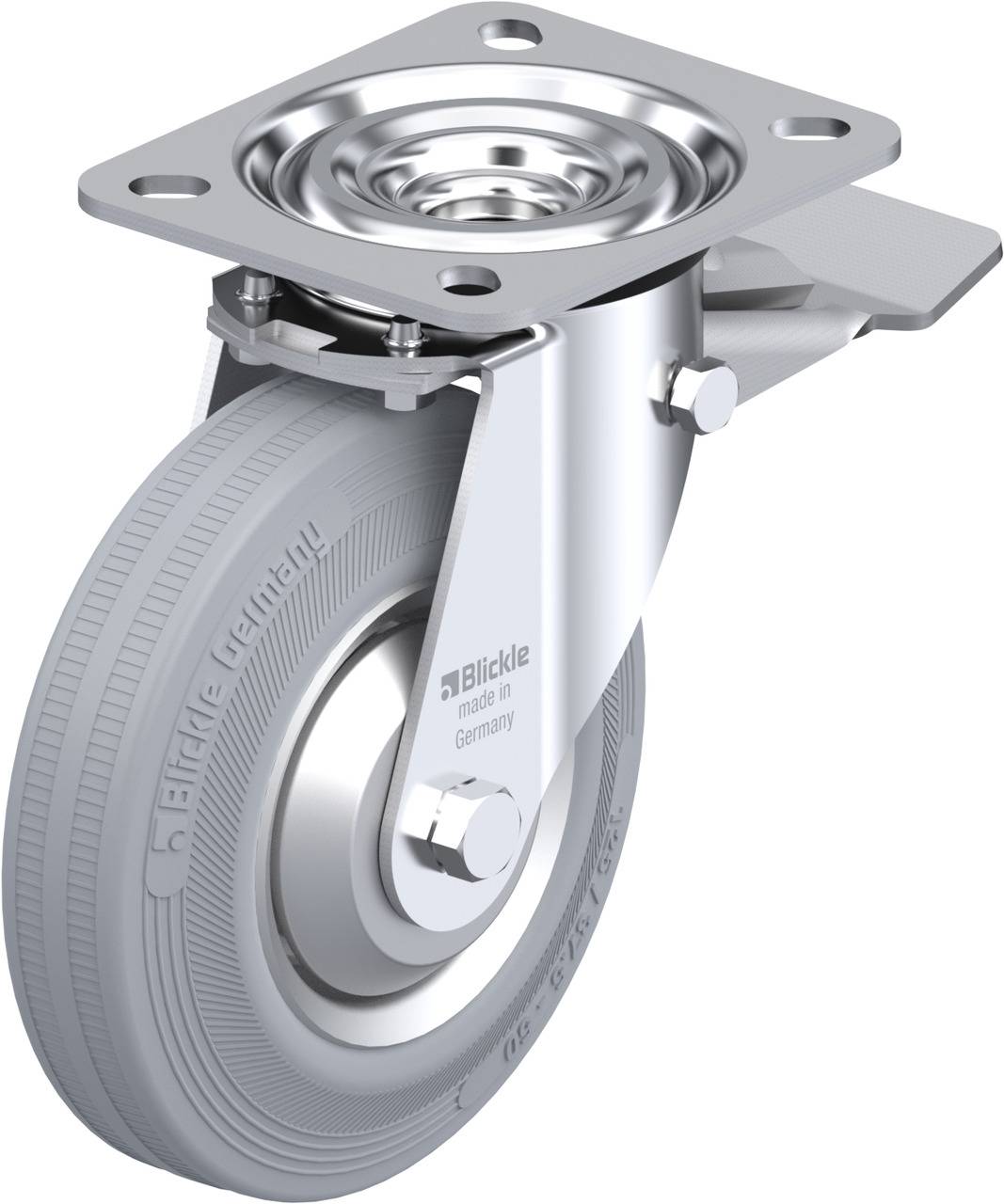 Industrie-Lenkrolle aus Metall mit grauem Gummireifen und Befestigungsplatte, Produkt von 'Blickle'.