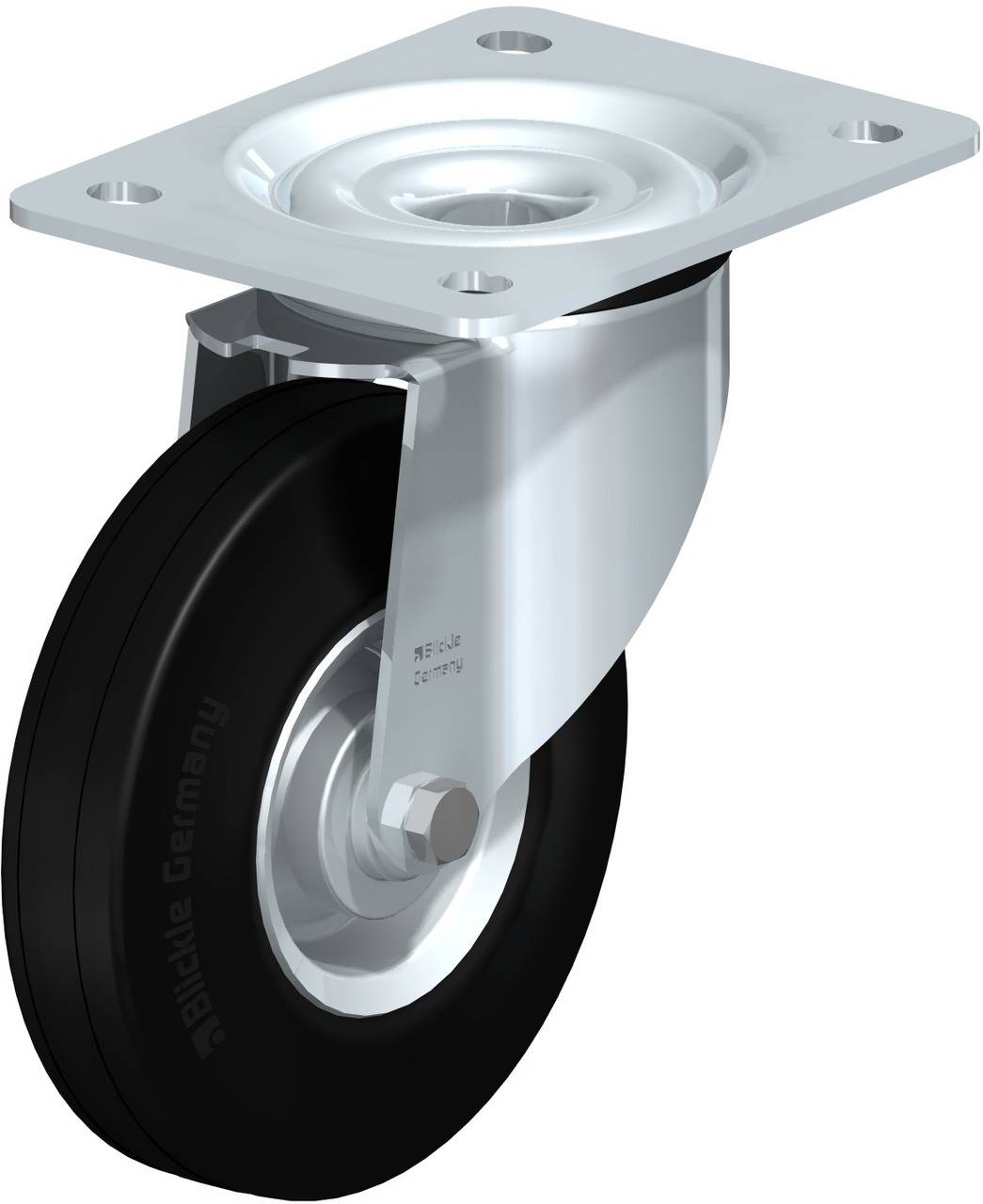 Schwenkrolle mit schwarzem Gummirad und silberner Metallhalterung, befestigungslöcher an der Halterung für Montagezwecke.