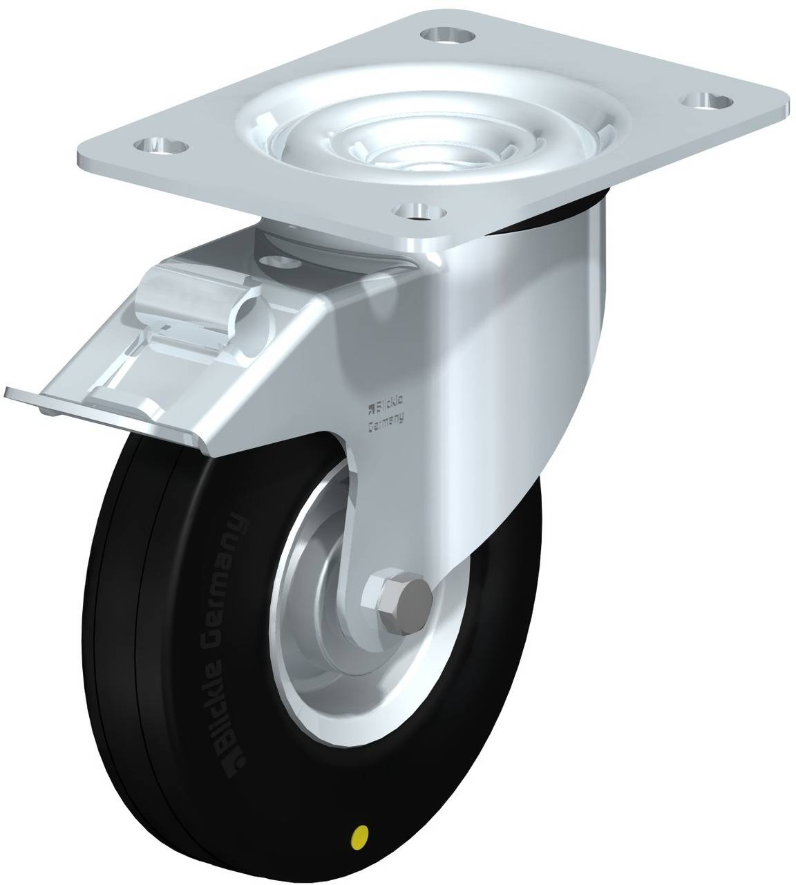 Ein silbernes Lenkrollenrad mit schwarzem Gummirad und rechteckiger Metallbasis, geeignet für Möbel oder Transportwagen.
