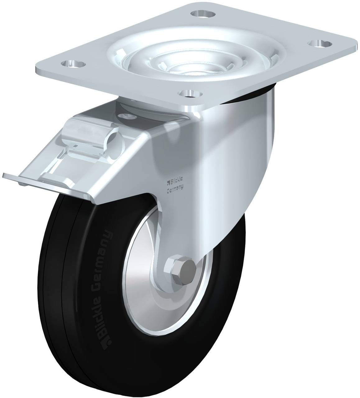 Industrie-Rollenrad mit schwarzem Gummi, beweglicher Metallhalterung und flacher Montageplatte oben, geeignet für schwere Lasten.