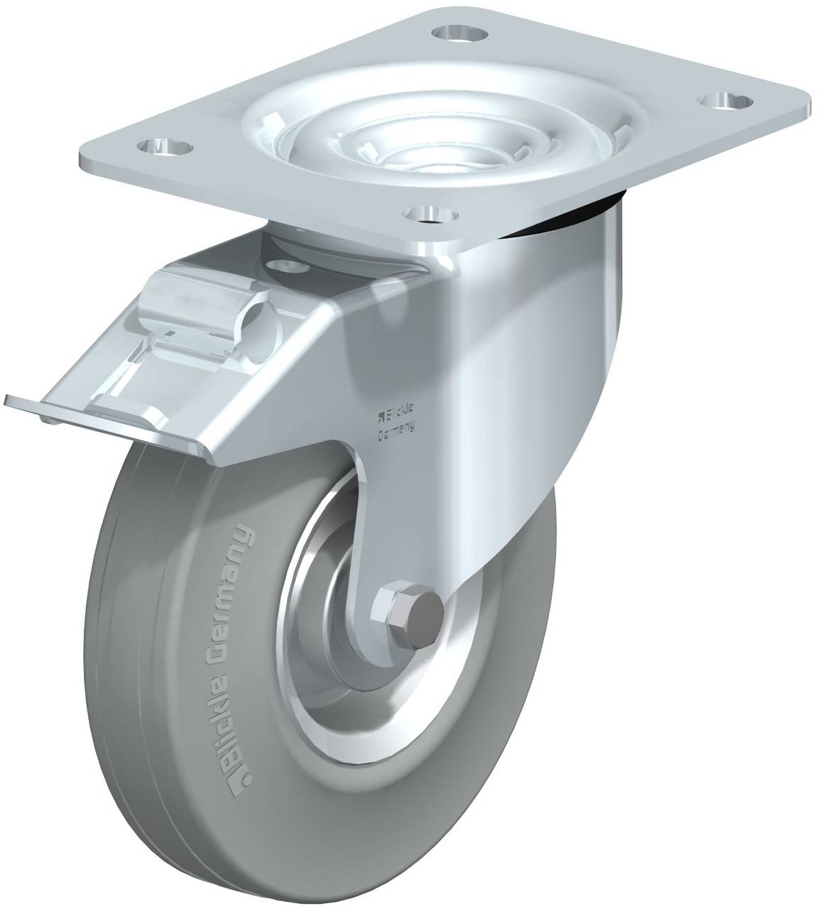 Metallisches Schwerlastschwenkrad mit grauem Gummirad und rechteckiger Montageplatte, geeignet für industrielle Anwendungen.