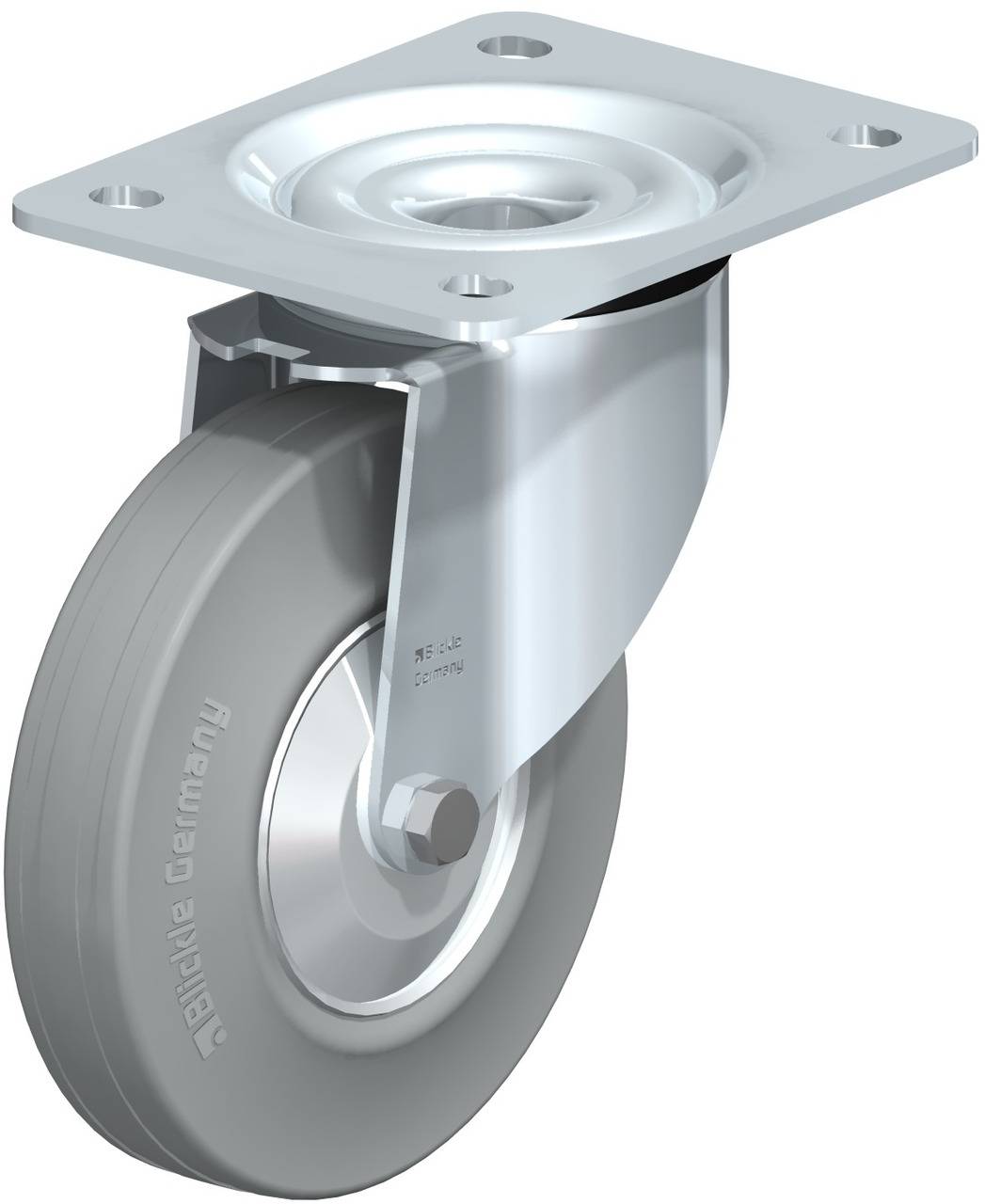Metallrolle mit grauem Rad und Metallgabel, befestigungsbereit, seitliche Ansicht. Geeignet für Möbel oder Industrieanwendung.