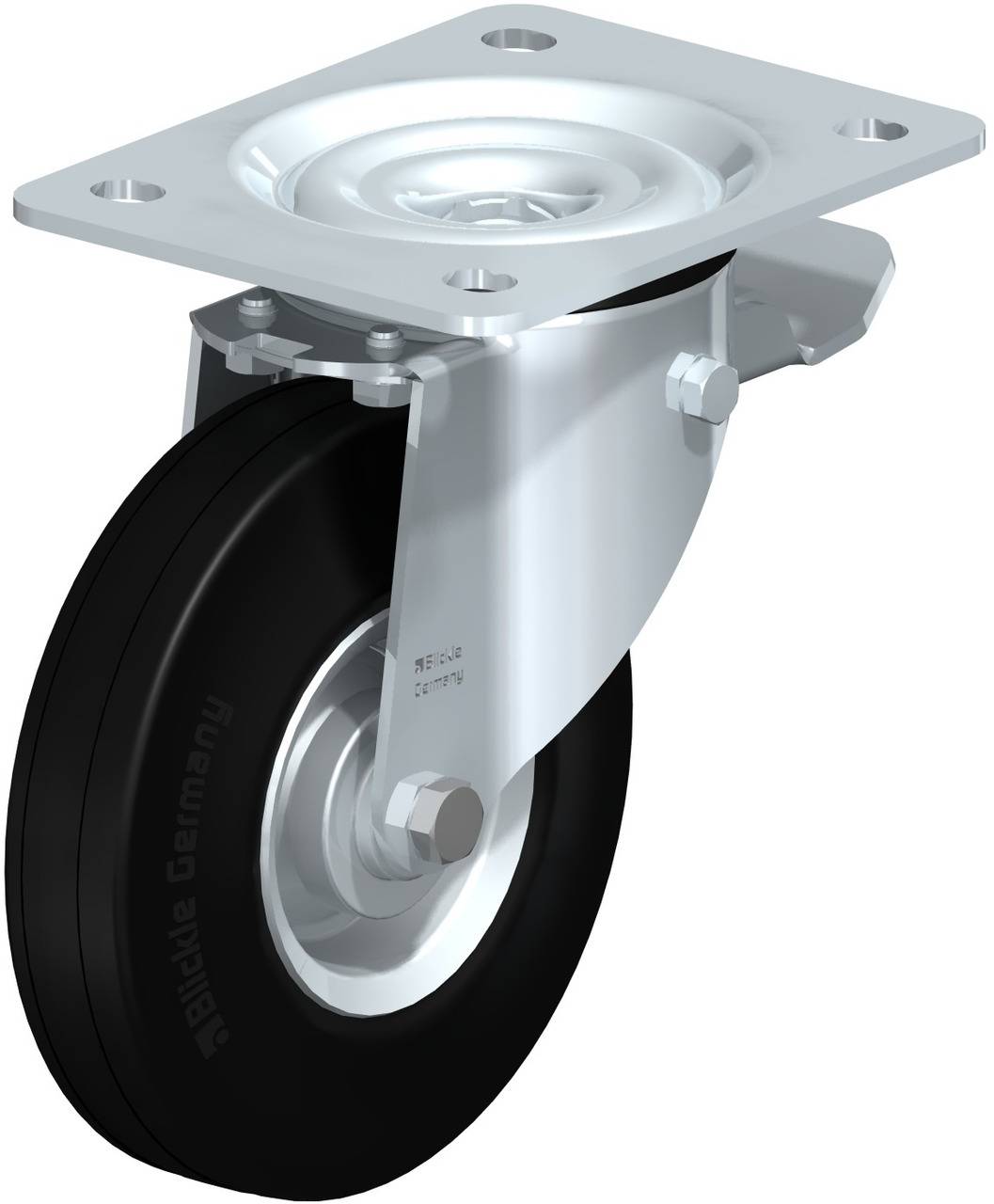 Ein feststellbares Rad mit Metallplatte, schwarzer Gummireifen und silbernem Gehäuse, nutzbar für Mobilität von Möbeln oder Geräten.