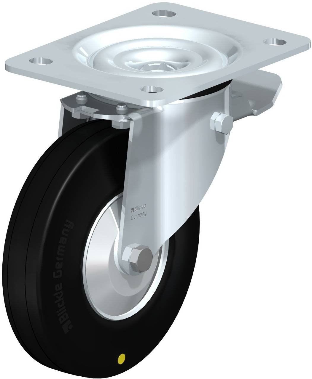 Schwenkrolle mit schwarzem Rad und silberner Halterung. Geeignet für Industrieanwendungen.