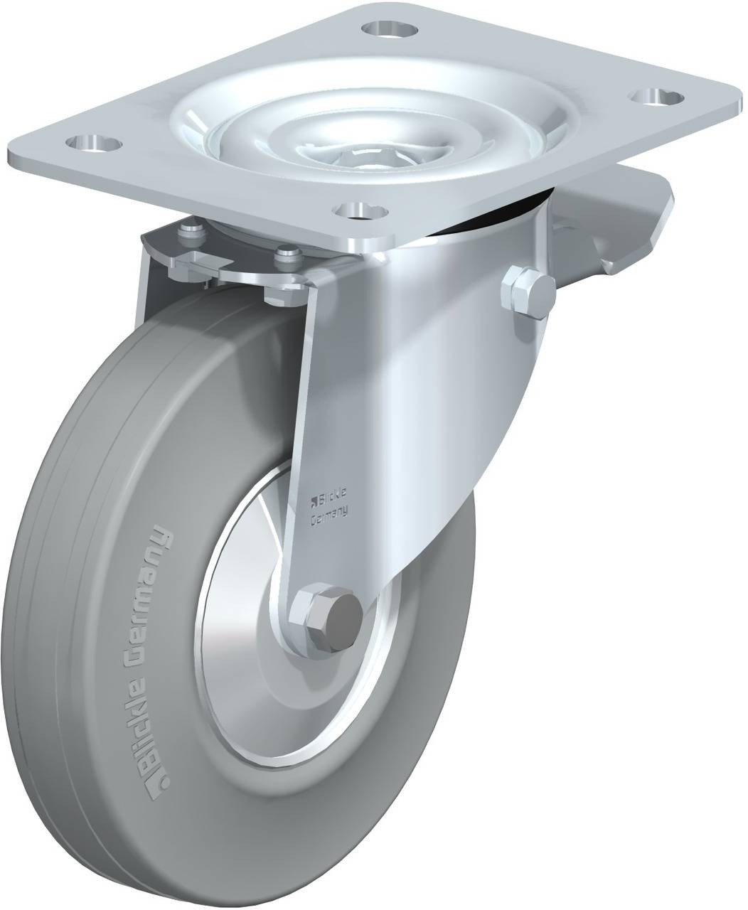 Ein schwenkbares Rad mit grauem Gummireifen und silbernem Metallgehäuse, oft für Transportgeräte oder Möbel verwendet.