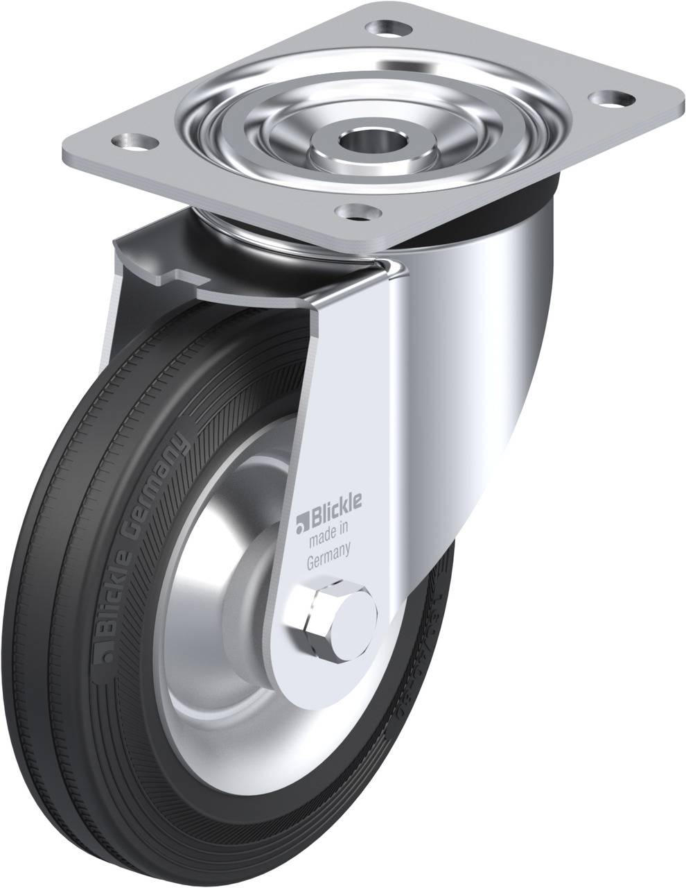Schwenkrolle mit schwarzem Gummirad und Metallgehäuse, zur Befestigung an Möbeln oder Geräten. Aufschrift 'Blickle made in Germany'.