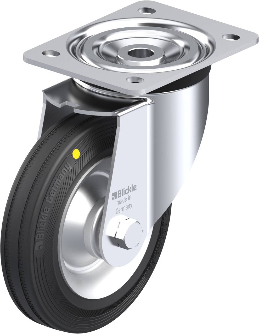 Ein drehbares Laufrollenrad aus Metall und Gummi, montierbar über eine rechteckige Metallplatte, geeignet für Möbel oder Geräte.