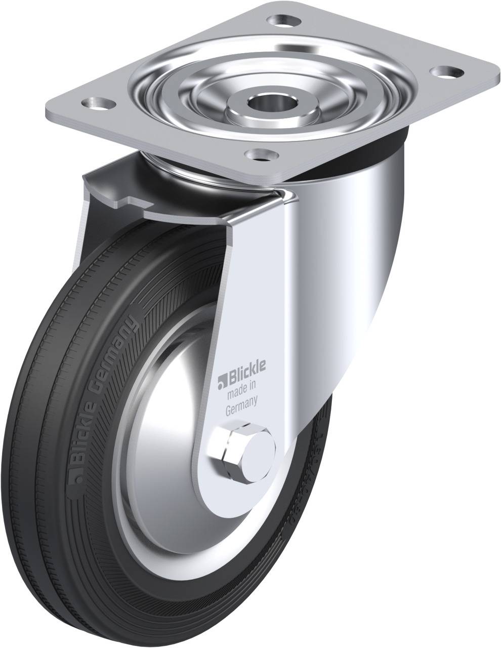 Schwenkrolle mit schwarzem Gummirad und silbernem Gehäuse, Aufschrift 'Blickle made in Germany'.