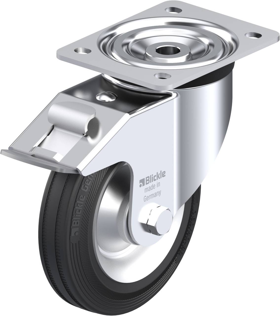 Metallisches Lenkrollengehäuse mit schwarzem Gummirad, markiert mit 'Made in Germany', geeignet für Möbel oder Industrieausrüstung.