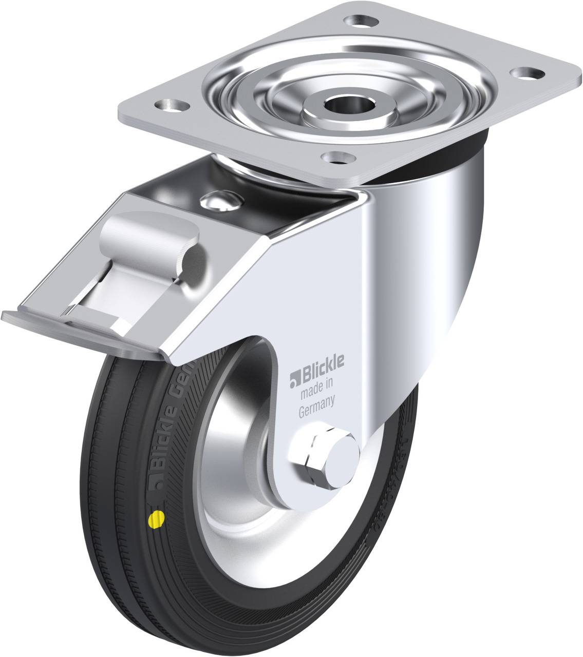 Schwenkrolle aus Metall mit schwarzem Rad und Befestigungsplatte, geeignet für Möbel oder Geräte.