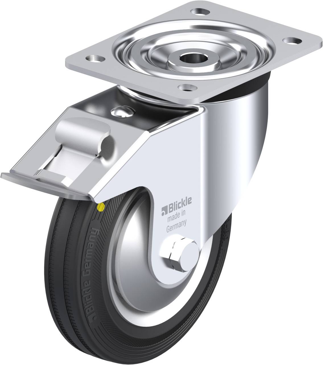 Eine silberne Lenkrolle mit schwarzem Rad und Platte zur Befestigung. Auf der Rolle steht 'Blickle made in Germany'.