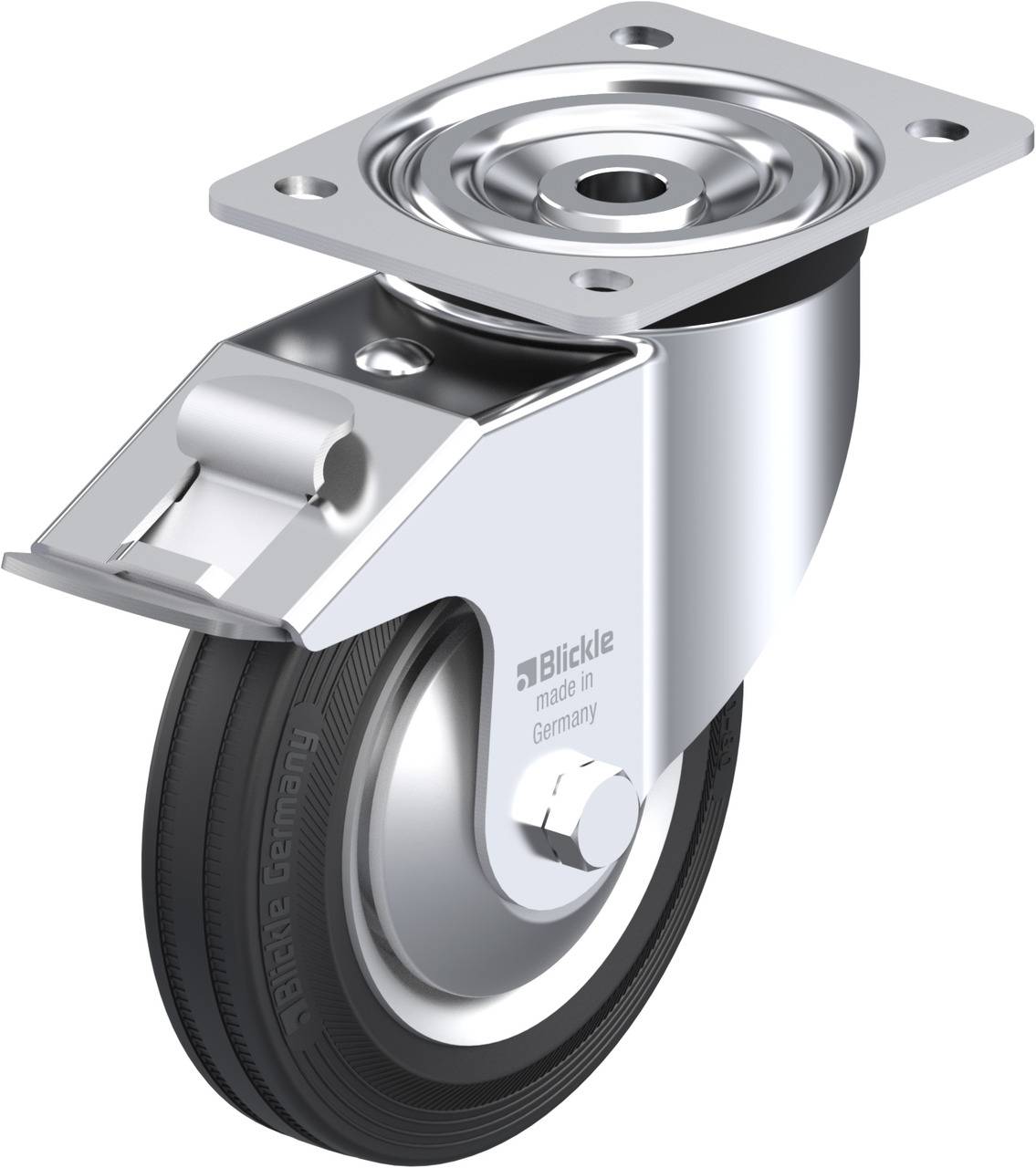Rolle mit Metallhalterung, Gummi-Lauffläche und Drehmechanismus, geeignet für Möbel oder Transportwagen.