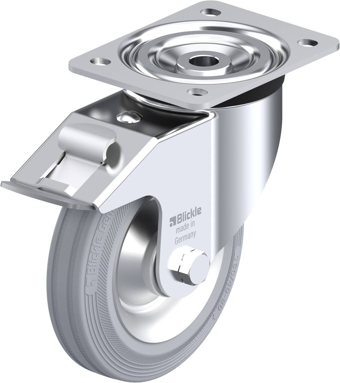Industrie-Rollen mit metallischem Gehäuse, grauem Rad aus Kunststoff und einer Befestigungsplatte. Herstellerlogo 'Blickle' erkennbar.