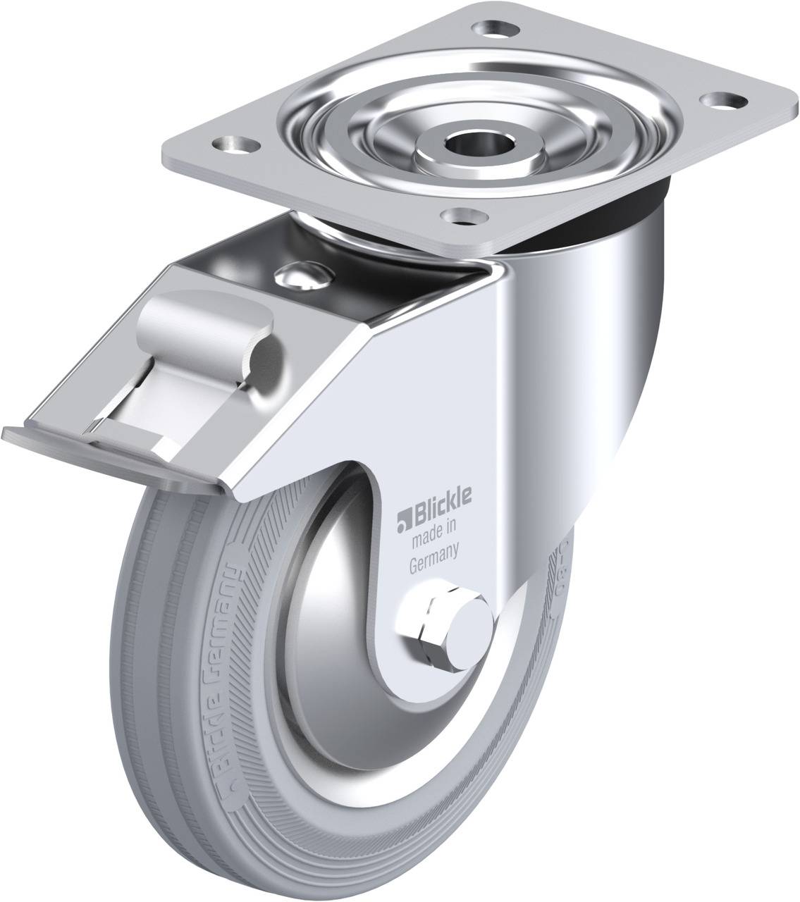 Schwenkrolle aus Metall mit grauem Rad, montiert auf einer quadratischen Platte, geeignet für Einsatz in Industrie und Möbeln.