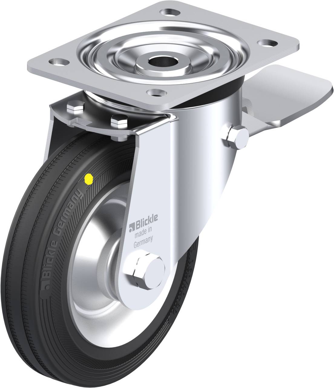 'Schwenkrolle aus Metall und Gummi mit Platte zur Befestigung, markiert mit 