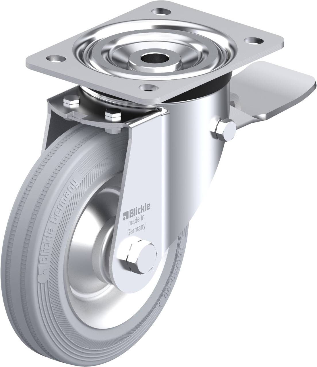 Ein silbernes Lenkrolle mit grauem Gummirad und Befestigungsplatte, geeignet für Transportgeräte, auf weißem Hintergrund.