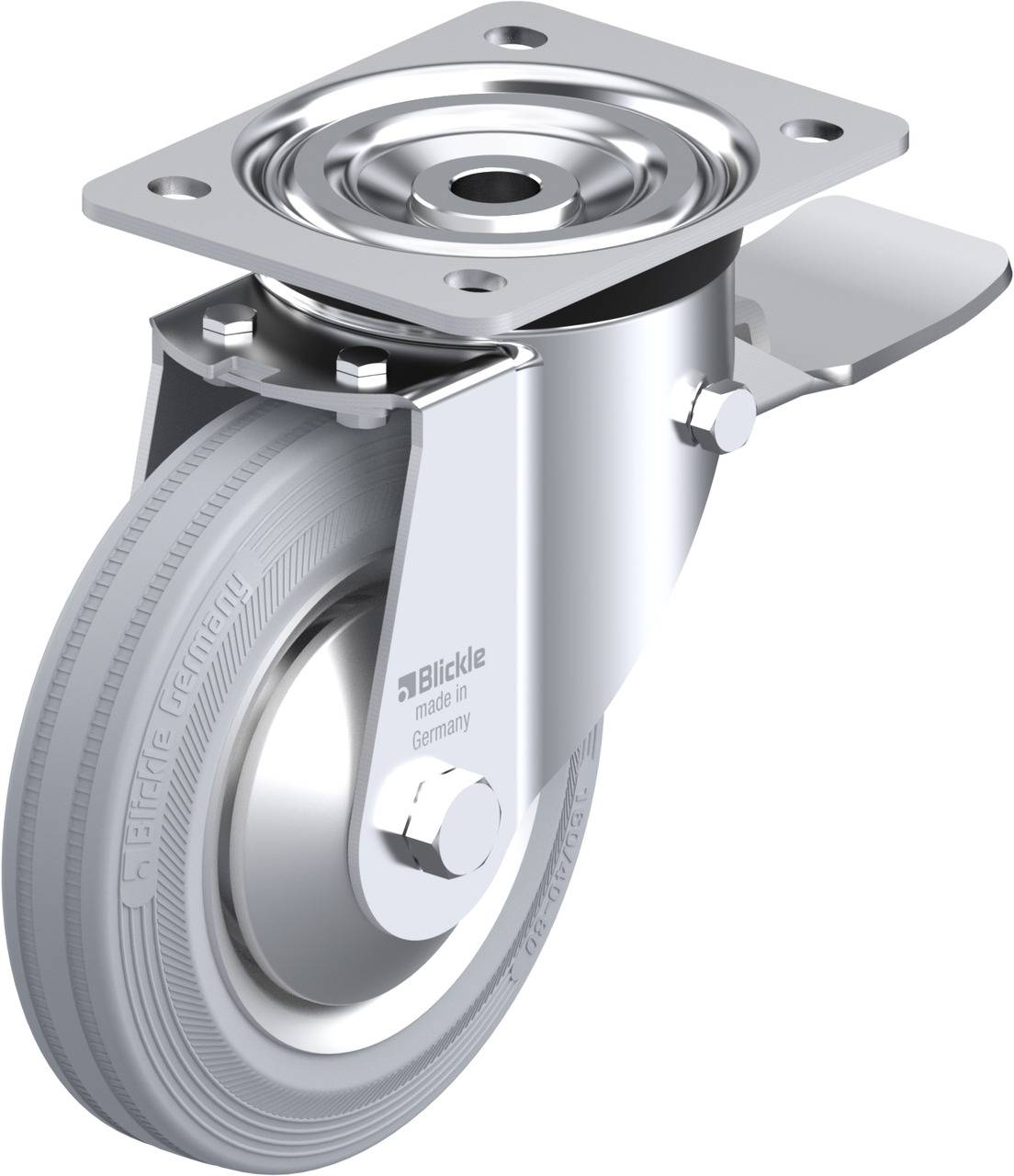 Schwenkrolle aus Metall mit grauem Gummirad, rechteckiger Montplatte und seitlich montierter Bremse.`,