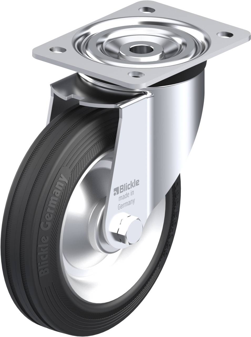 Schwenkrolle aus Metall mit schwarzem Gummirad. Die Halterung trägt die Aufschrift 'Blickle - made in Germany'.
