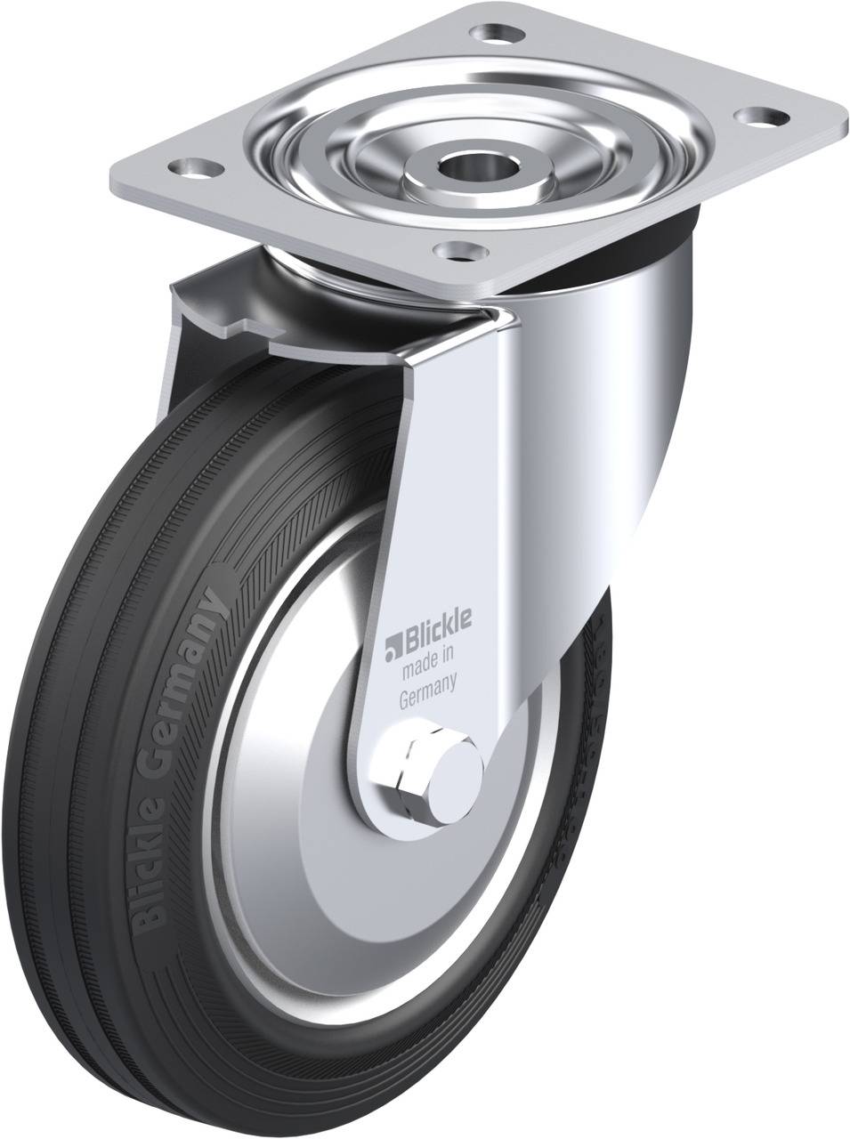 Industrie-Schwenkrolle mit schwarzem Gummirad und silbernem Metallgehäuse. Auf der Seite steht 'Blickle Germany'.