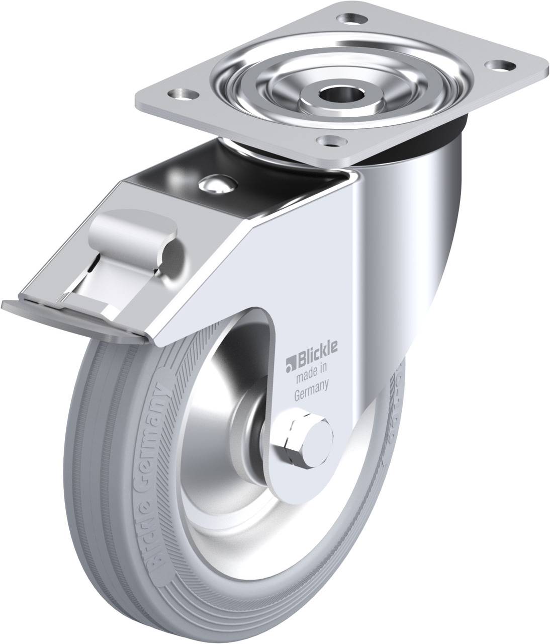 Metallrad mit grauem Gummireifen und Metallplatte für Befestigung; Text 'made in Germany', geschlossener Metallbügel oben.